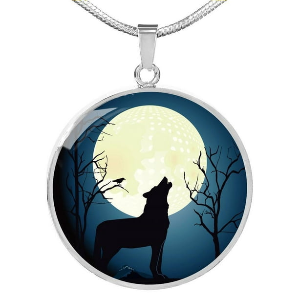 WOLVES SILHOUETTE ROUND METAL PENDANT ON 18" SILVER PLATED CHAIN GIFT IDEA 